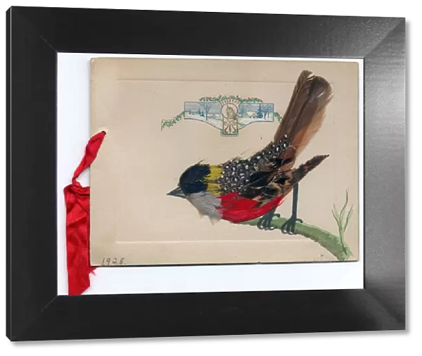 Robin made from real feathers on a Christmas card