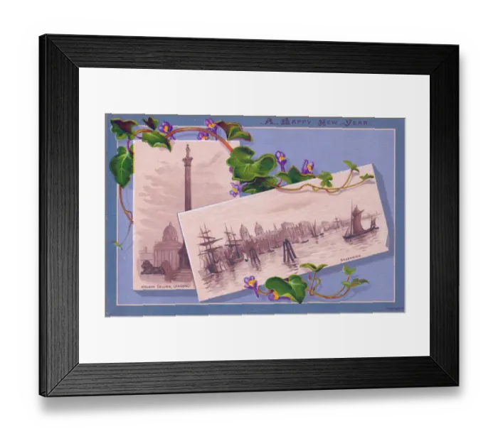 Framed Print : London scenes and flowers on a New Year card Framed Print : London scenes and flowers on a New Year card