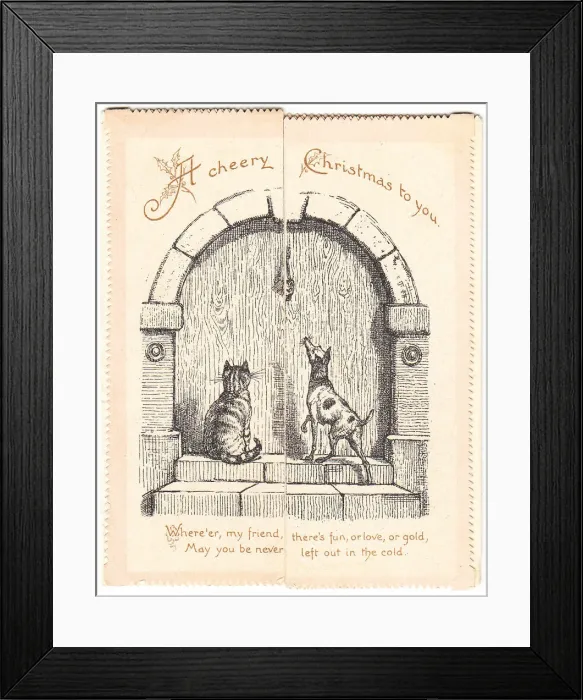 Framed Print : Cat and dog waiting at a door on a Christmas card Framed Print : Cat and dog waiting at a door on a Christmas card