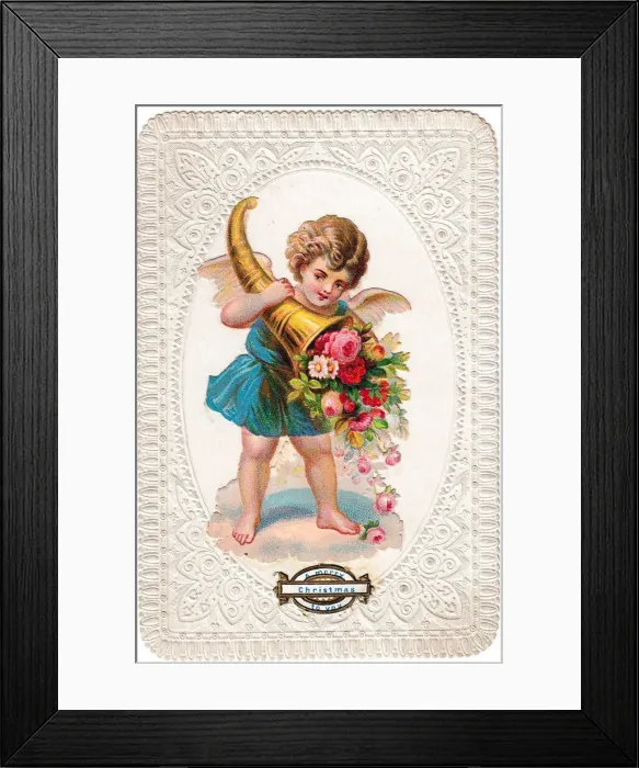 Framed Print : Cherub with cornucopia of flowers on a Christmas card Framed Print : Cherub with cornucopia of flowers on a Christmas card