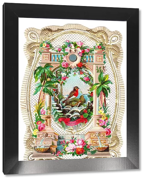 Garden scene with robins and flowers on a Christmas card