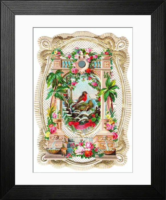 Framed Print : Garden scene with robins and flowers on a Christmas card Framed Print : Garden scene with robins and flowers on a Christmas card