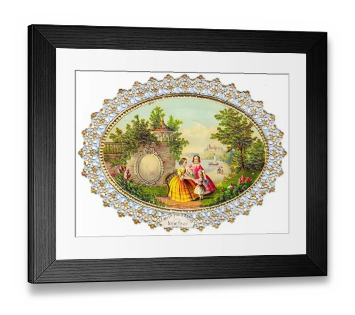 Framed Print : Waterside summer scene on a New Year paper lace card Framed Print : Waterside summer scene on a New Year paper lace card
