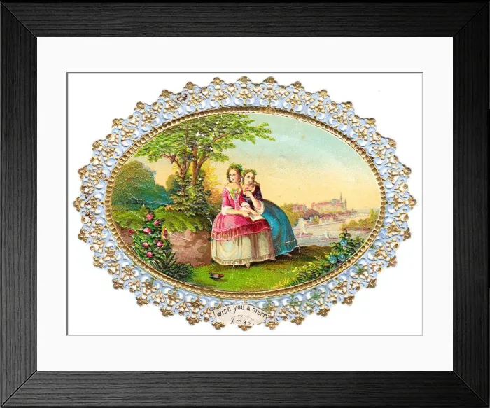 Framed Print : Waterside summer scene on a Christmas paper lace card Framed Print : Waterside summer scene on a Christmas paper lace card