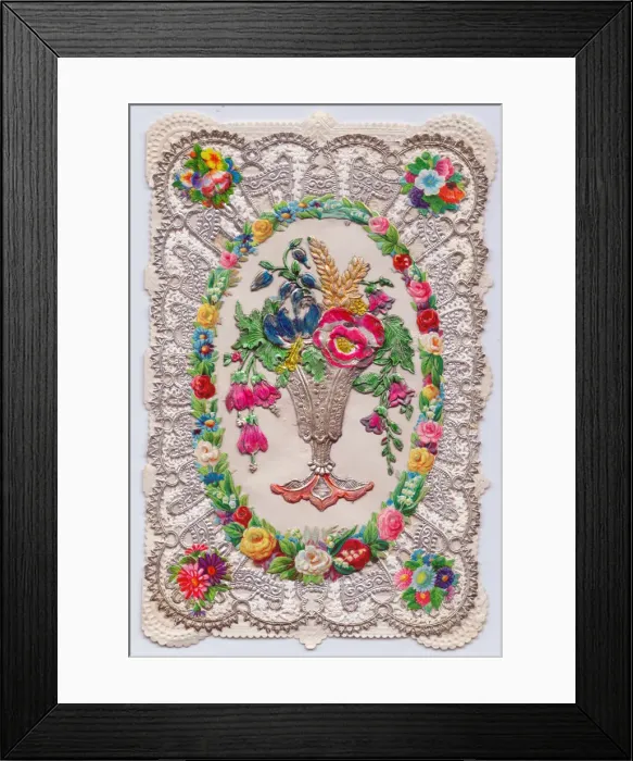 Framed Print : Vase of flowers on a paper lace greetings card Framed Print : Vase of flowers on a paper lace greetings card