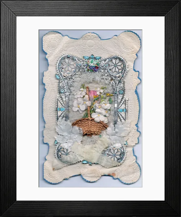 Framed Print : Basket of flowers on a paper lace greetings card Framed Print : Basket of flowers on a paper lace greetings card