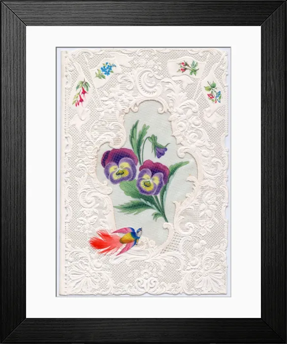 Framed Print : Variegated flowers and a bird on a paper lace greetings card Framed Print : Variegated flowers and a bird on a paper lace greetings card