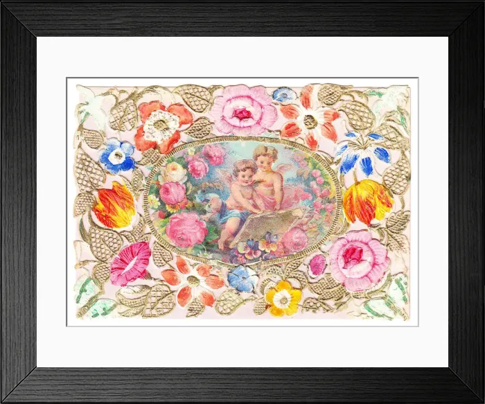 Framed Print : Cherubs with flowers on a paper lace greetings card Framed Print : Cherubs with flowers on a paper lace greetings card