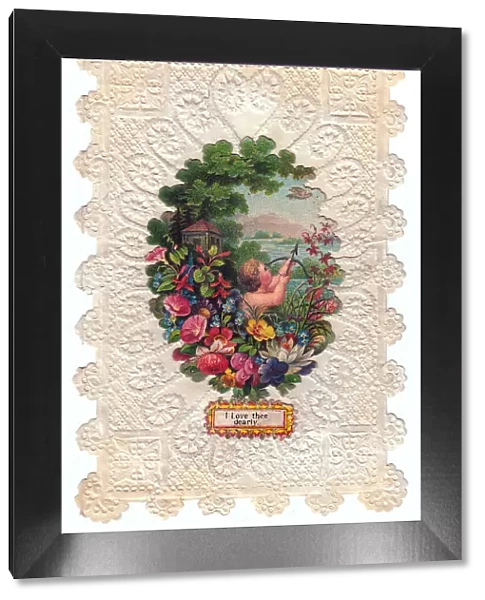 Cupid with flowers on a paper lace romantic card