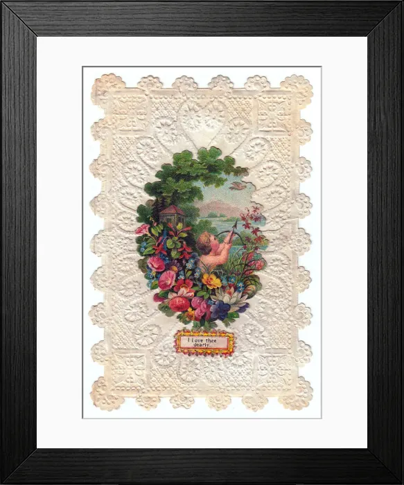 Framed Print : Cupid with flowers on a paper lace romantic card Framed Print : Cupid with flowers on a paper lace romantic card