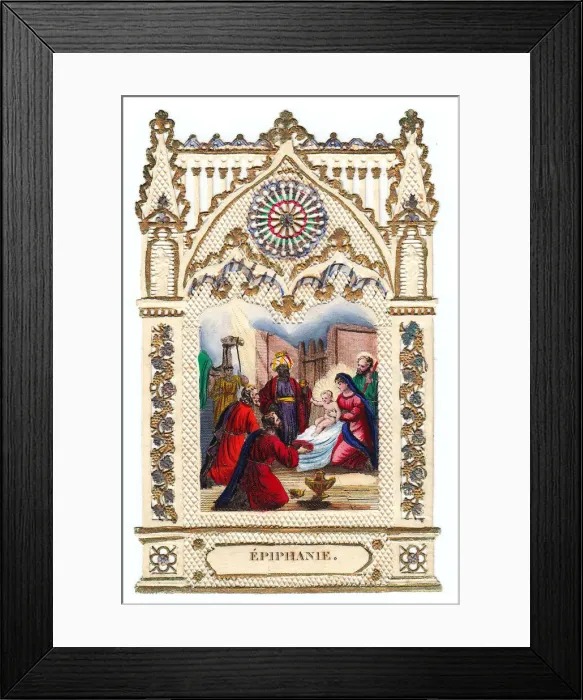 Framed Print : Nativity scene on a paper lace Christmas card Framed Print : Nativity scene on a paper lace Christmas card
