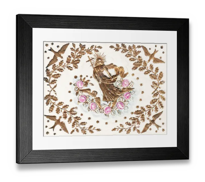 Framed Print : Golden angel with pink roses on a greetings card Framed Print : Golden angel with pink roses on a greetings card