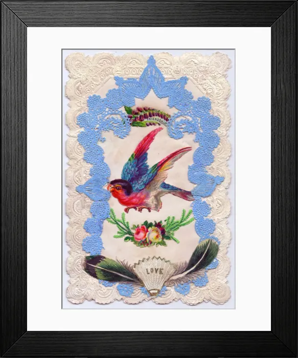 Framed Print : Flowers and bird on a paper lace romantic card Framed Print : Flowers and bird on a paper lace romantic card