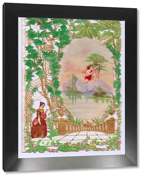 Cupid and lady with flowers on a paper lace romantic card