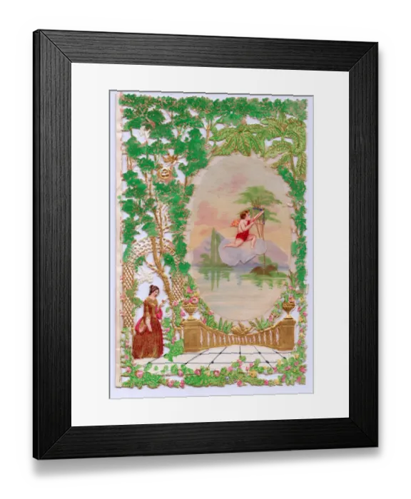 Framed Print : Cupid and lady with flowers on a paper lace romantic card Framed Print : Cupid and lady with flowers on a paper lace romantic card