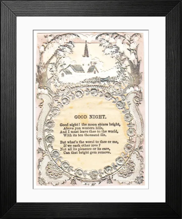 Framed Print : Church with Good Night verse on a paper lace greetings card Framed Print : Church with Good Night verse on a paper lace greetings card