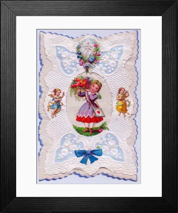 Framed Print : Cupids and girl on a paper lace romantic card Framed Print : Cupids and girl on a paper lace romantic card