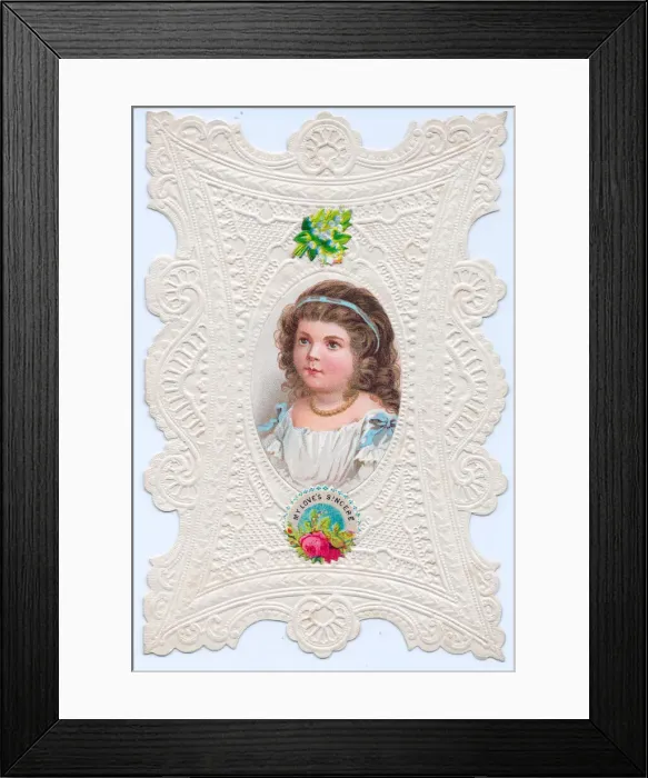 Framed Print : Girl on a paper lace romantic card Framed Print : Girl on a paper lace romantic card