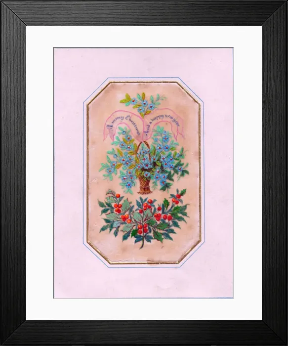 Framed Print : Flowers and holly on a Christmas and New Year card Framed Print : Flowers and holly on a Christmas and New Year card