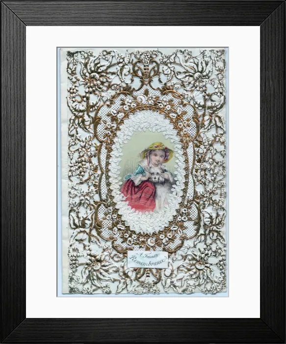 Framed Print : Girl and dog on a paper lace friendship card Framed Print : Girl and dog on a paper lace friendship card