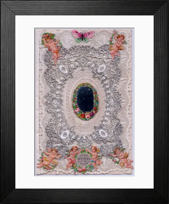 Framed Print : Cupids and flowers on a romantic paper lace card Framed Print : Cupids and flowers on a romantic paper lace card