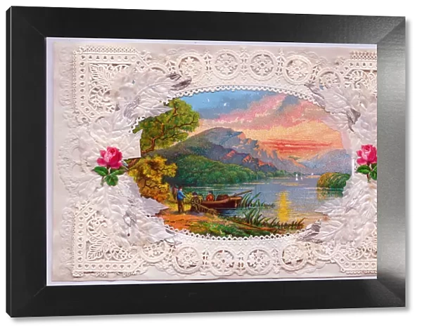 Waterside summer scene on a paper lace greetings card