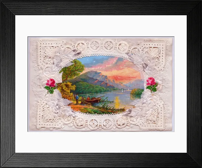 Framed Print : Waterside summer scene on a paper lace greetings card Framed Print : Waterside summer scene on a paper lace greetings card