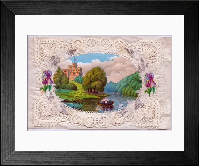 Framed Print : Waterside summer scene on a paper lace greetings card Framed Print : Waterside summer scene on a paper lace greetings card