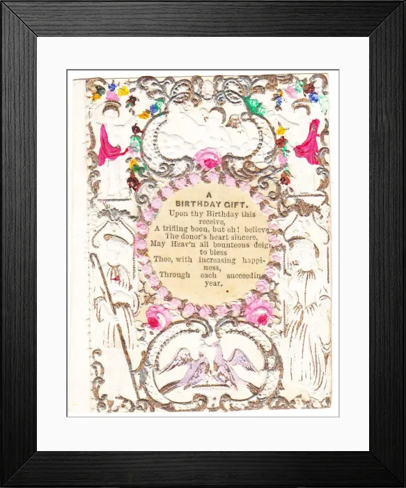 Framed Print : Birds and flowers with verse on a birthday card Framed Print : Birds and flowers with verse on a birthday card