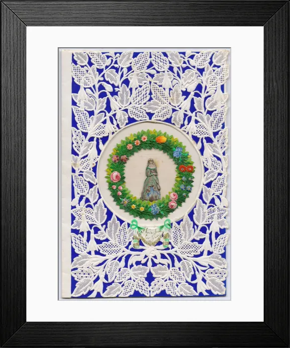 Framed Print : Lady with wreath of flowers on a paper lace romantic card Framed Print : Lady with wreath of flowers on a paper lace romantic card