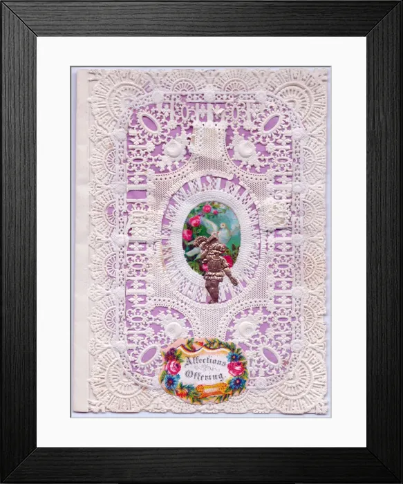 Framed Print : Romantic paper lace card in white and mauve Framed Print : Romantic paper lace card in white and mauve