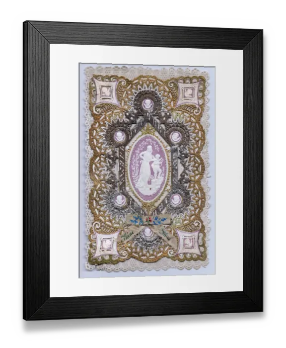 Framed Print : Romantic paper lace card in white, mauve and gold Framed Print : Romantic paper lace card in white, mauve and gold