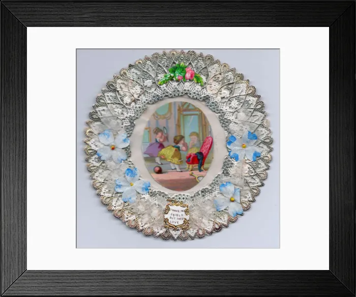 Framed Print : Romantic paper lace card in white, silver, blue and gold Framed Print : Romantic paper lace card in white, silver, blue and gold