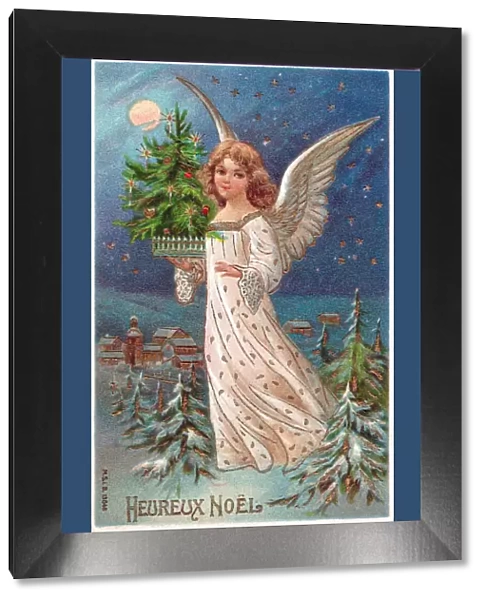 Angel with tree on a French Christmas postcard