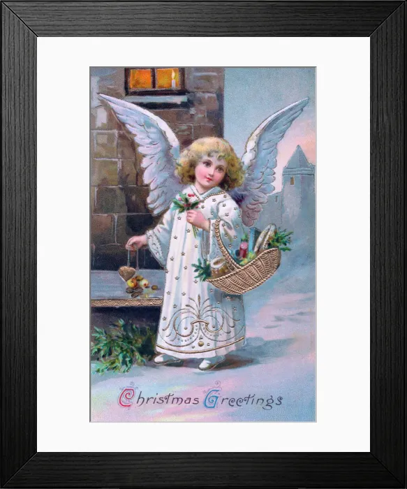 Framed Print : Angel with basket of gifts on a Christmas postcard Framed Print : Angel with basket of gifts on a Christmas postcard