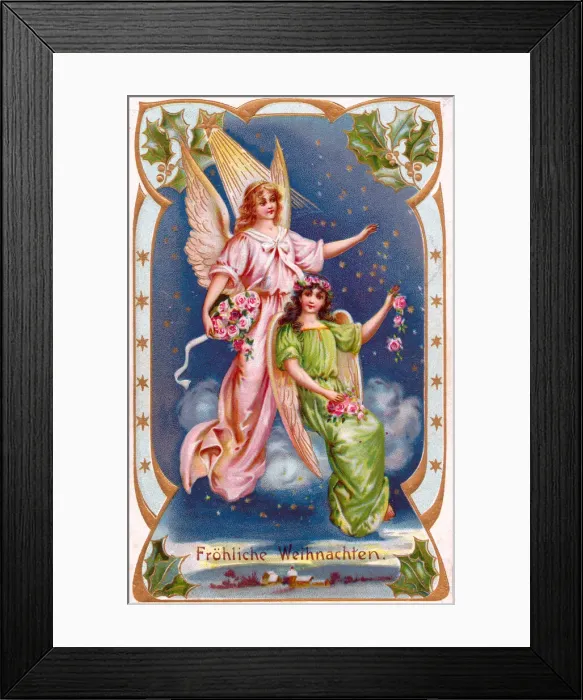 Framed Print : Angels with flowers on a German Christmas postcard Framed Print : Angels with flowers on a German Christmas postcard