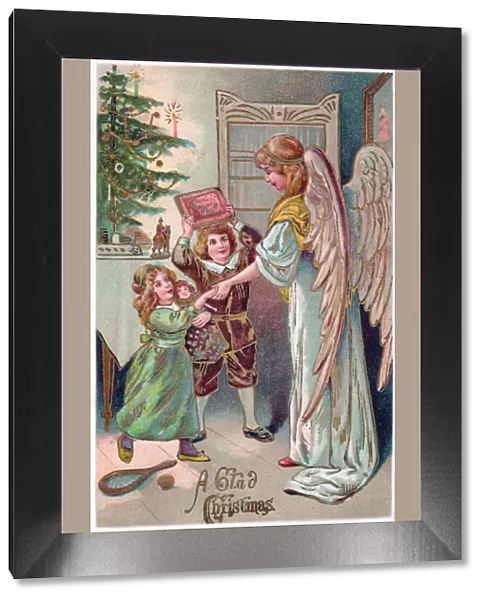 Angel with children and gifts on a Christmas postcard