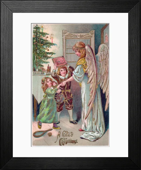 Framed Print : Angel with children and gifts on a Christmas postcard Framed Print : Angel with children and gifts on a Christmas postcard