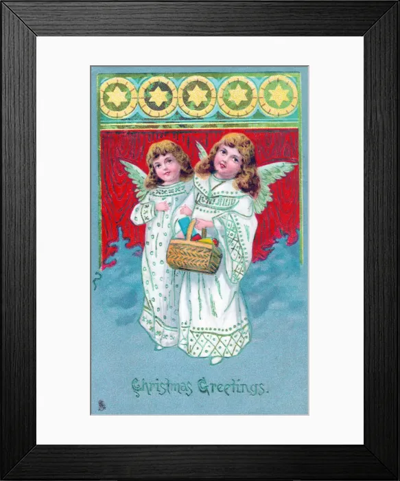 Framed Print : Angels with basket of gifts on a Christmas postcard Framed Print : Angels with basket of gifts on a Christmas postcard
