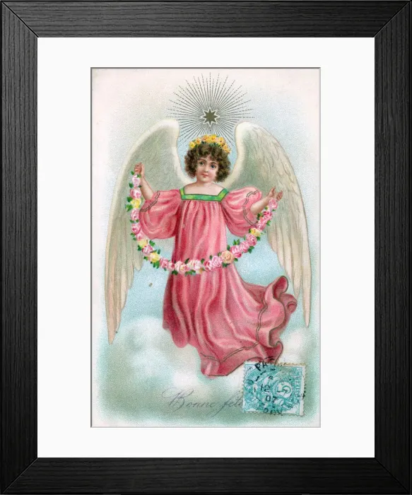 Framed Print : Angel with flowers on a French Christmas postcard Framed Print : Angel with flowers on a French Christmas postcard