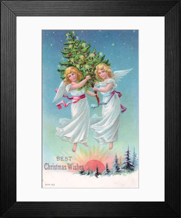 Framed Print : Angels with tree on a Christmas postcard Framed Print : Angels with tree on a Christmas postcard