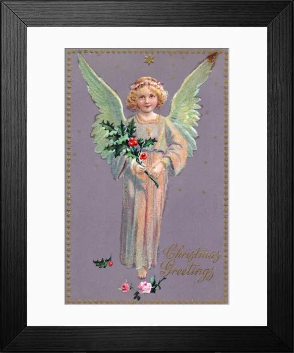 Framed Print : Angel with holly on a Christmas postcard Framed Print : Angel with holly on a Christmas postcard