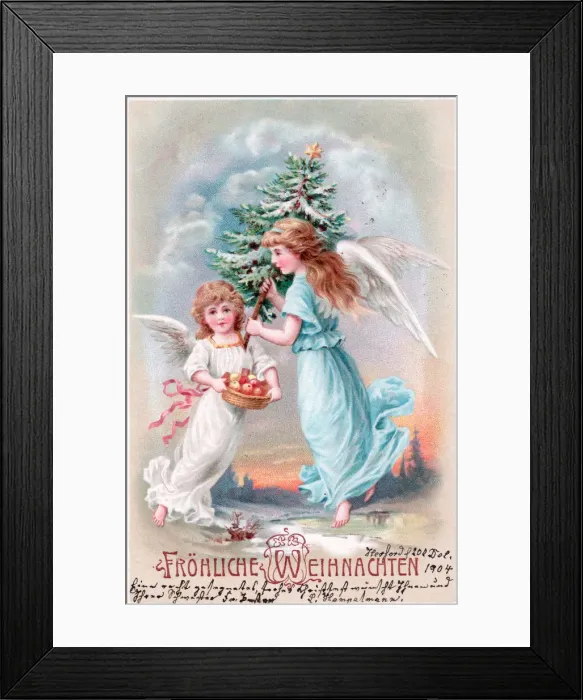 Framed Print : Angels with tree and fruit on a German Christmas postcard Framed Print : Angels with tree and fruit on a German Christmas postcard