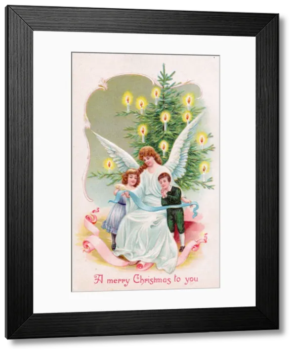 Framed Print : Angel with children and tree on a Christmas postcard Framed Print : Angel with children and tree on a Christmas postcard