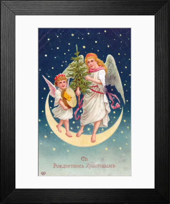 Framed Print : Angels with tree on a Russian Christmas postcard Framed Print : Angels with tree on a Russian Christmas postcard