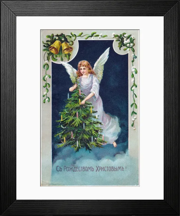 Framed Print : Angel with tree on a Russian Christmas postcard Framed Print : Angel with tree on a Russian Christmas postcard