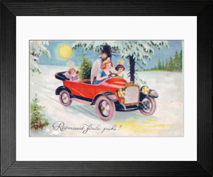 Framed Print : Angels in a car on an Estonian Christmas postcard Framed Print : Angels in a car on an Estonian Christmas postcard