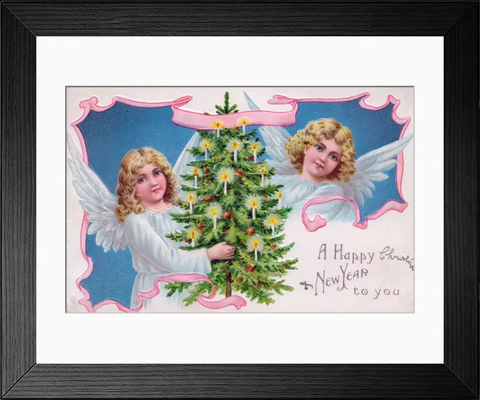Framed Print : Angels with tree on a New Year postcard Framed Print : Angels with tree on a New Year postcard