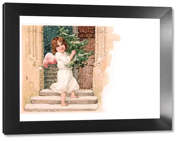 Young angel with tree on a Christmas postcard