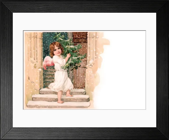 Framed Print : Young angel with tree on a Christmas postcard Framed Print : Young angel with tree on a Christmas postcard